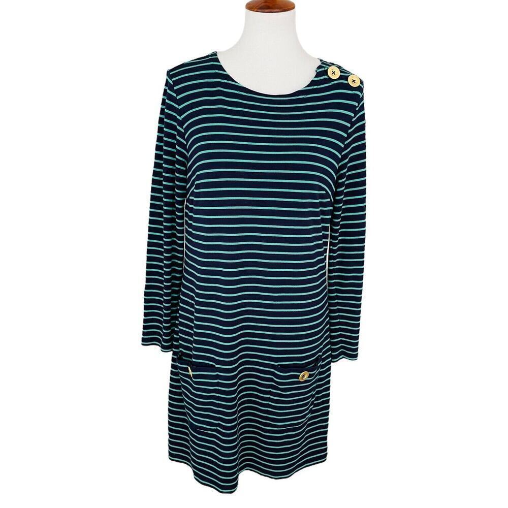 Sail To Sable Knit Shift Dress Navy Green Stripes Pockets Women’s Size Large